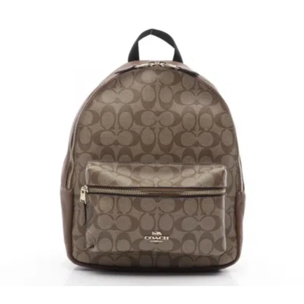 Coach Signature Brown Beige Logo Backpack Zip Closure Inner Outer Pockets